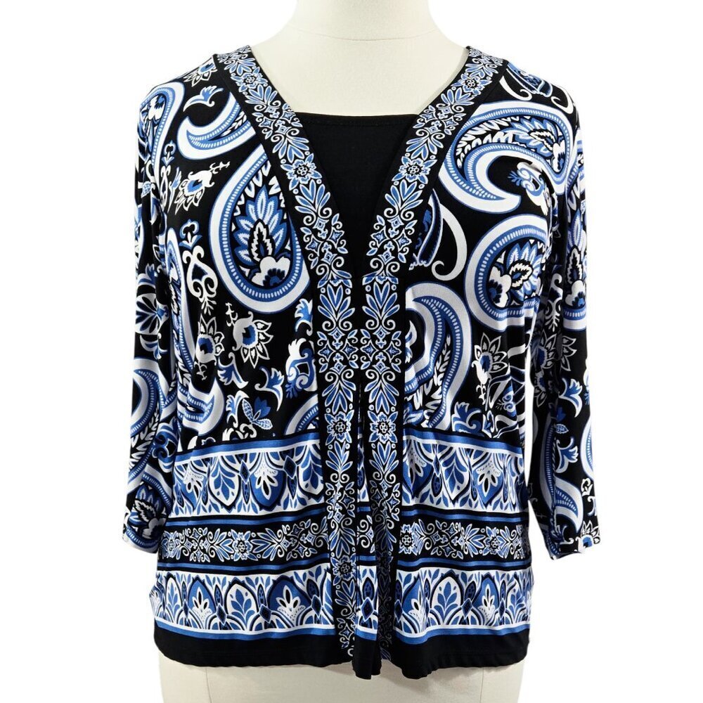 JM Collection Black Blue Floral Paisley Liquid Knit Top Boho Artsy Stretch